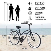 Vélos de croisière Okak 26 pouces à vitesse unique avec cadre en acier, vélo pour adultes avec roues larges et freins à rétropédalage arrière, vélo pour hommes et femmes