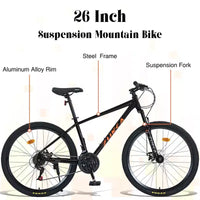 Vélo adulte Okak 26 pouces, 24 vitesses, fourche suspendue, VTT avec pneus KENDA et freins à disque, VTT à pneus larges pour hommes et femmes
