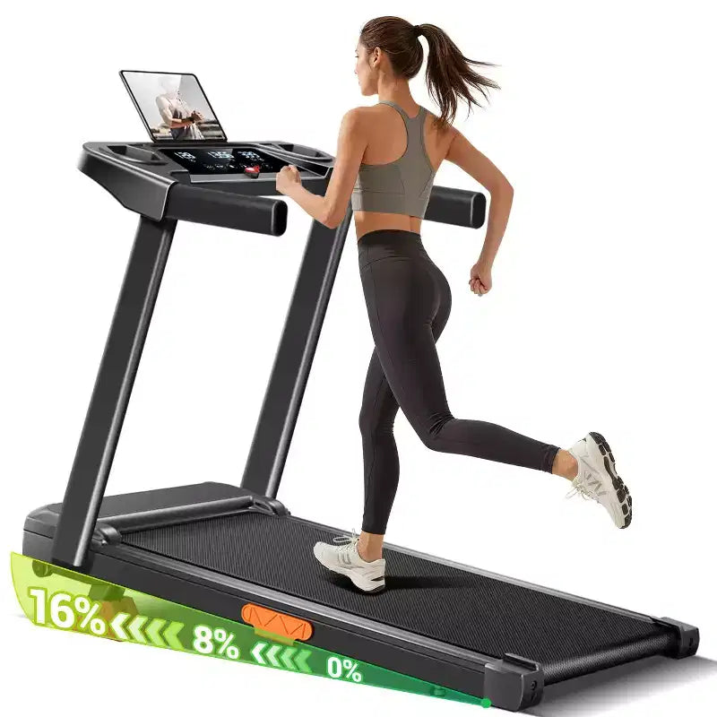 Tapis de course à domicile avec inclinaison de 16 % et barre de maintien, tapis roulant pliable silencieux de 3,0 CV avec écran LED grande capacité