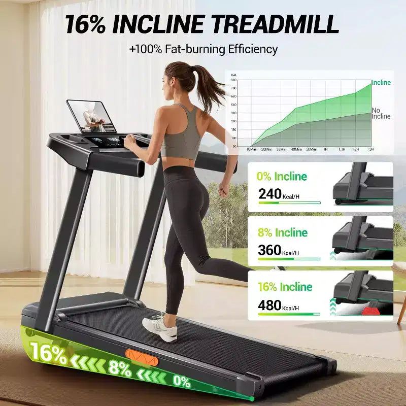 Tapis de course à domicile avec inclinaison de 16 % et barre de maintien, tapis roulant pliable silencieux de 3,0 CV avec écran LED grande capacité