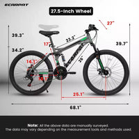 Vélo de montagne Okak 27,5 pouces avec double amortisseur avant et arrière, VTT 21 vitesses avec frein à disque mécanique, vélo adulte pour hommes et femmes