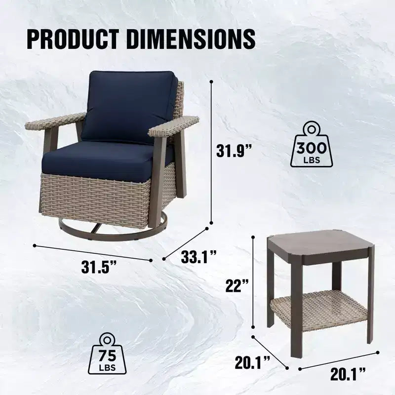 EAGLE PEAK Ensemble bistro de terrasse classique 2 pièces avec fauteuil à bascule pivotant et table d'appoint, meuble d'extérieur en osier pivotant à 360°