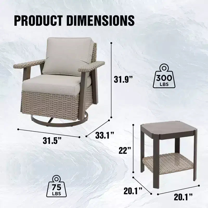 EAGLE PEAK Ensemble bistro de terrasse classique 2 pièces avec fauteuil à bascule pivotant et table d'appoint, meuble d'extérieur en osier pivotant à 360°
