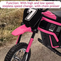 Moto cross électrique 24V pour enfants, moteur 350W, 3 vitesses réglables jusqu'à 23 km/h. Tout-terrain avec lumières LED et musique. Pour les 8-14 ans, 61 kg maximum.