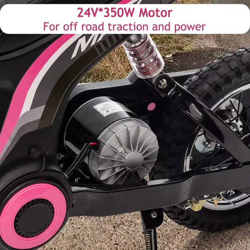 Moto cross électrique 24V pour enfants, moteur 350W, 3 vitesses réglables jusqu'à 23 km/h. Tout-terrain avec lumières LED et musique. Pour les 8-14 ans, 61 kg maximum.