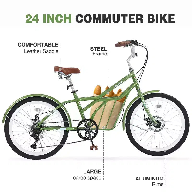 Vélo de croisière Okak 24 pouces avec grand panier, vélo adulte 6 vitesses avec cadre en acier et frein à disque, vélo de ville pour hommes et femmes