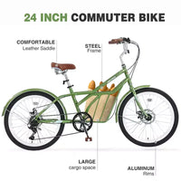 Vélo de croisière Okak 24 pouces avec grand panier, vélo adulte 6 vitesses avec cadre en acier et frein à disque, vélo de ville pour hommes et femmes