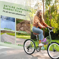 Vélo de croisière Okak 24 pouces avec grand panier, vélo adulte 6 vitesses avec cadre en acier et frein à disque, vélo de ville pour hommes et femmes