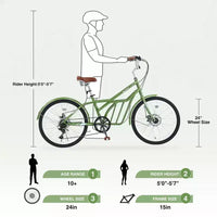 Vélo de croisière Okak 24 pouces avec grand panier, vélo adulte 6 vitesses avec cadre en acier et frein à disque, vélo de ville pour hommes et femmes