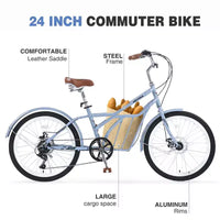 Vélo de croisière Okak 24 pouces avec grand panier, vélo adulte 6 vitesses avec cadre en acier et frein à disque, vélo de ville pour hommes et femmes
