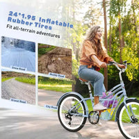 Vélo de croisière Okak 24 pouces avec grand panier, vélo adulte 6 vitesses avec cadre en acier et frein à disque, vélo de ville pour hommes et femmes