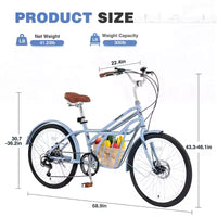 Vélo de croisière Okak 24 pouces avec grand panier, vélo adulte 6 vitesses avec cadre en acier et frein à disque, vélo de ville pour hommes et femmes