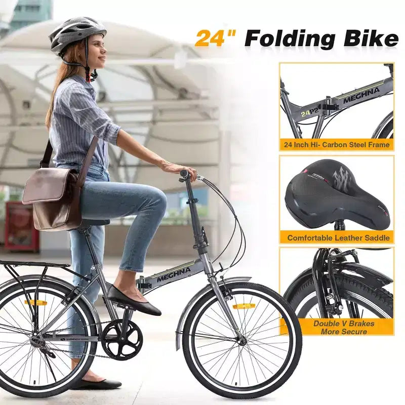 Vélo pliant Okak 24 pouces avec garde-boue et double frein en V, vélo de ville avec cadre en acier et porte-bagages, vélos de croisière pour hommes et femmes