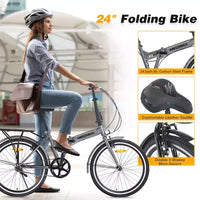 Vélo pliant Okak 24 pouces avec garde-boue et double frein en V, vélo de ville avec cadre en acier et porte-bagages, vélos de croisière pour hommes et femmes