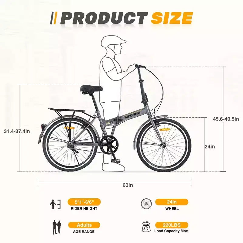 Vélo pliant Okak 24 pouces avec garde-boue et double frein en V, vélo de ville avec cadre en acier et porte-bagages, vélos de croisière pour hommes et femmes