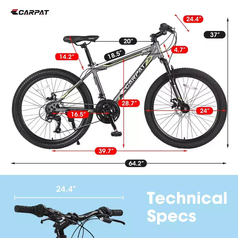 VTT Okak 24 pouces avec freins à disque doubles et suspension avant, vélo pour enfants avec 21 vitesses et cadre en acier, vélo pour garçons, filles