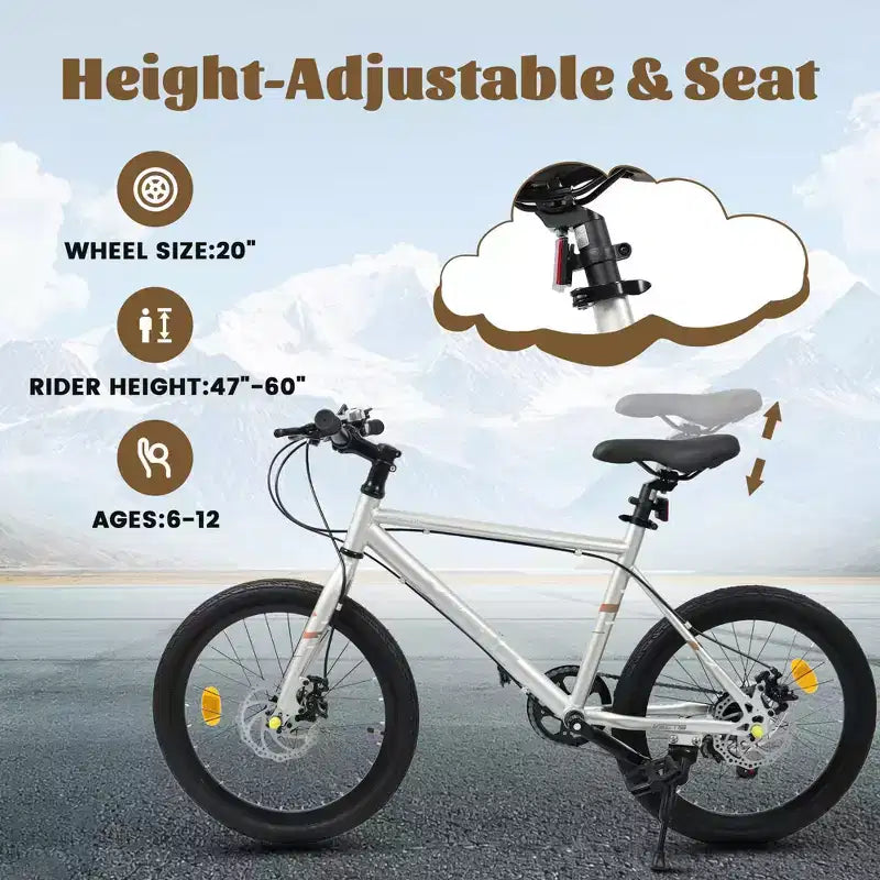 Vélo enfant Okak 20" avec 7 vitesses et cadre en acier, vélo enfant avec double freins à disque et pneus de 1,75", vélos cruiser pour garçons et filles