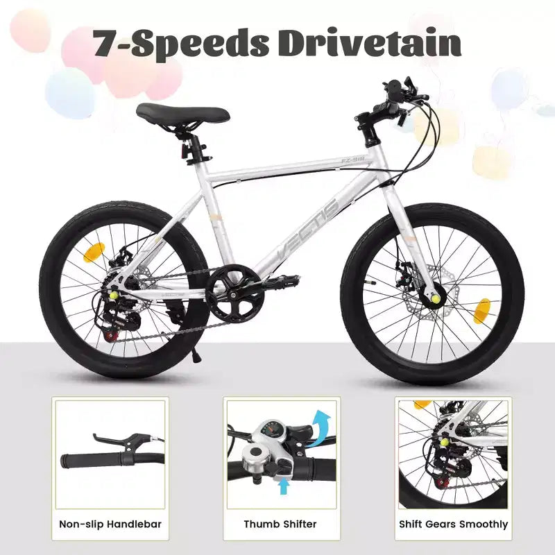 Vélo enfant Okak 20" avec 7 vitesses et cadre en acier, vélo enfant avec double freins à disque et pneus de 1,75", vélos cruiser pour garçons et filles