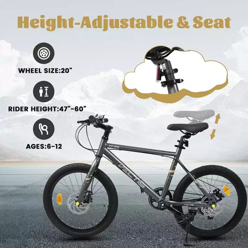 Vélo enfant Okak 20" avec 7 vitesses et cadre en acier, vélo enfant avec double freins à disque et pneus de 1,75", vélos cruiser pour garçons et filles