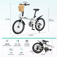 Vélo Pliant Okak 20 pouces avec Panier Avant, Support Téléphone et Garde-Boue, Vélo Adulte 6 Vitesses avec Cadre en Acier et Double Frein V-Brake, Vélo pour Hommes et Femmes