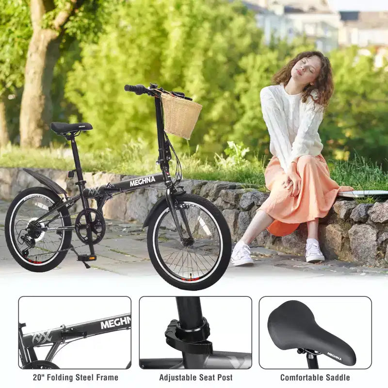 Vélo Pliant Okak 20 pouces avec Panier Avant, Support Téléphone et Garde-Boue, Vélo Adulte 6 Vitesses avec Cadre en Acier et Double Frein V-Brake, Vélo pour Hommes et Femmes