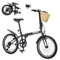 Vélo Pliant Okak 20 pouces avec Panier Avant, Support Téléphone et Garde-Boue, Vélo Adulte 6 Vitesses avec Cadre en Acier et Double Frein V-Brake, Vélo pour Hommes et Femmes