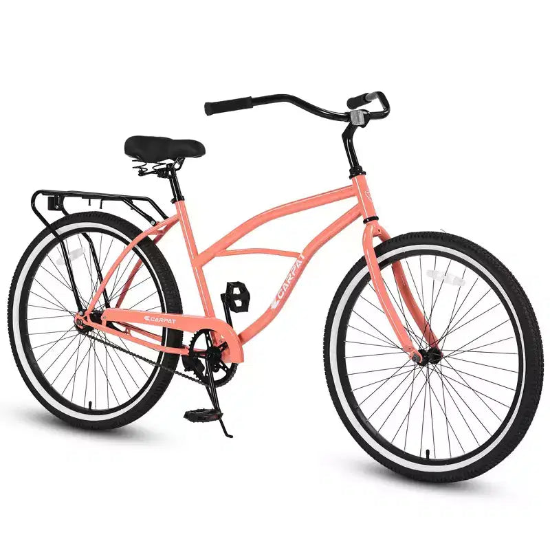 Vélos de plage Okak 26 pouces avec cadre en acier, transmission à vitesse unique, vélos adultes confortables, vélos pour hommes et femmes, rose