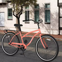 Vélos de plage Okak 26 pouces avec cadre en acier, transmission à vitesse unique, vélos adultes confortables, vélos pour hommes et femmes, rose