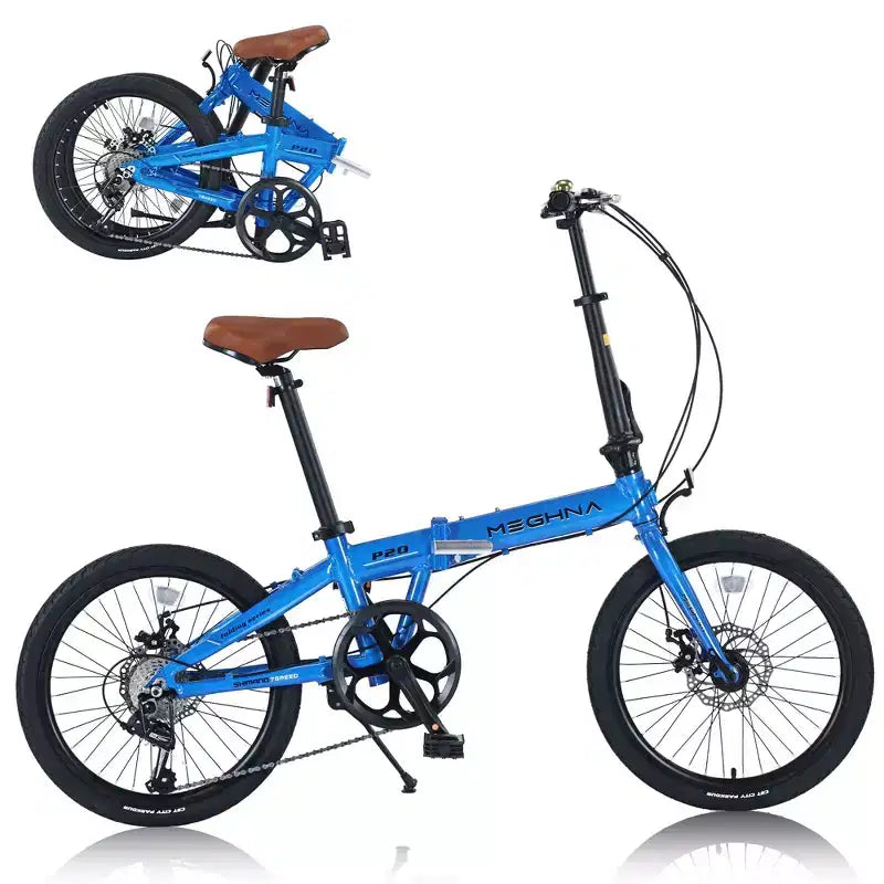 Vélo Pliant Okak 20 pouces avec Cadre Léger en Aluminium, Vélo de Ville 7 Vitesses avec Selle et Guidon Réglables pour les Trajets Urbains, Bleu