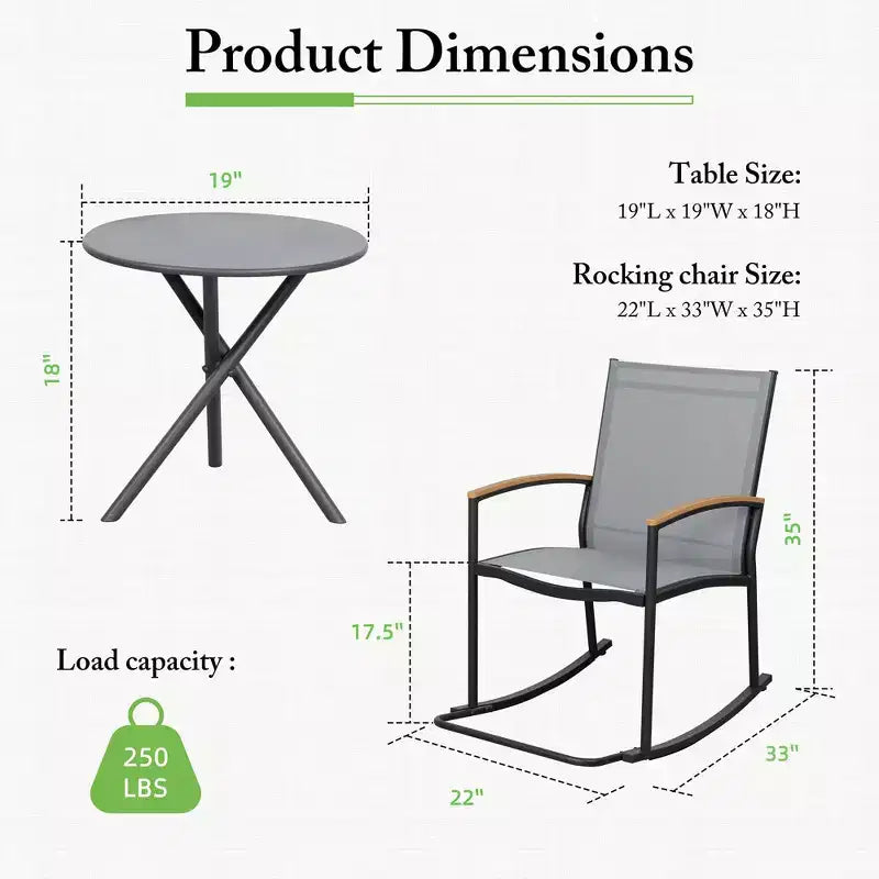 Celebalcony Ensemble de bistrot extérieur à bascule 3 pièces, petit salon de jardin en tissu Textilène avec table pour pelouse, jardin, balcon, bord de piscine