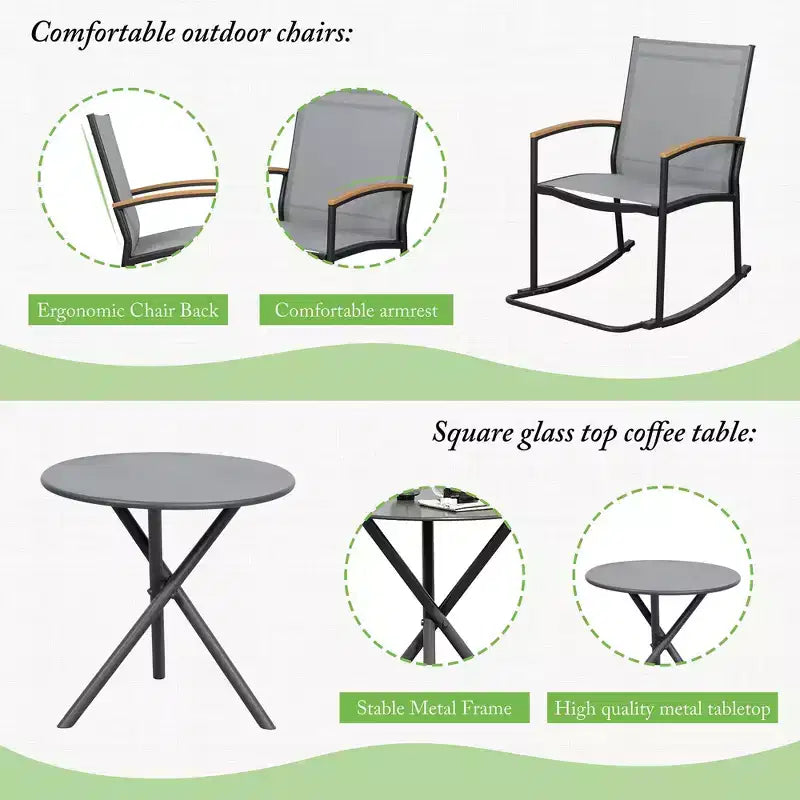 Celebalcony Ensemble de bistrot extérieur à bascule 3 pièces, petit salon de jardin en tissu Textilène avec table pour pelouse, jardin, balcon, bord de piscine