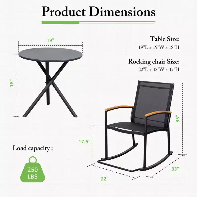Celebalcony Ensemble de bistrot extérieur à bascule 3 pièces, petit salon de jardin en tissu Textilène avec table pour pelouse, jardin, balcon, bord de piscine