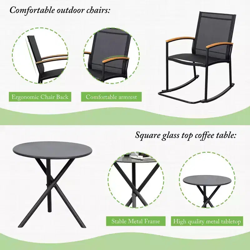 Celebalcony Ensemble de bistrot extérieur à bascule 3 pièces, petit salon de jardin en tissu Textilène avec table pour pelouse, jardin, balcon, bord de piscine