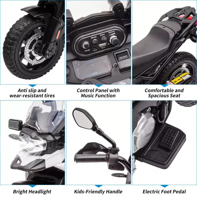 Moto électrique 12V pour enfants avec roulettes d'apprentissage - vélo à enfourcher à batterie avec musique et design réaliste pour enfants de 3 à 8 ans, à enfourcher tout-terrain