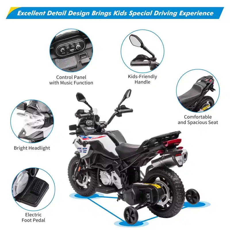Moto électrique 12V pour enfants avec roulettes d'apprentissage - vélo à enfourcher à batterie avec musique et design réaliste pour enfants de 3 à 8 ans, à enfourcher tout-terrain