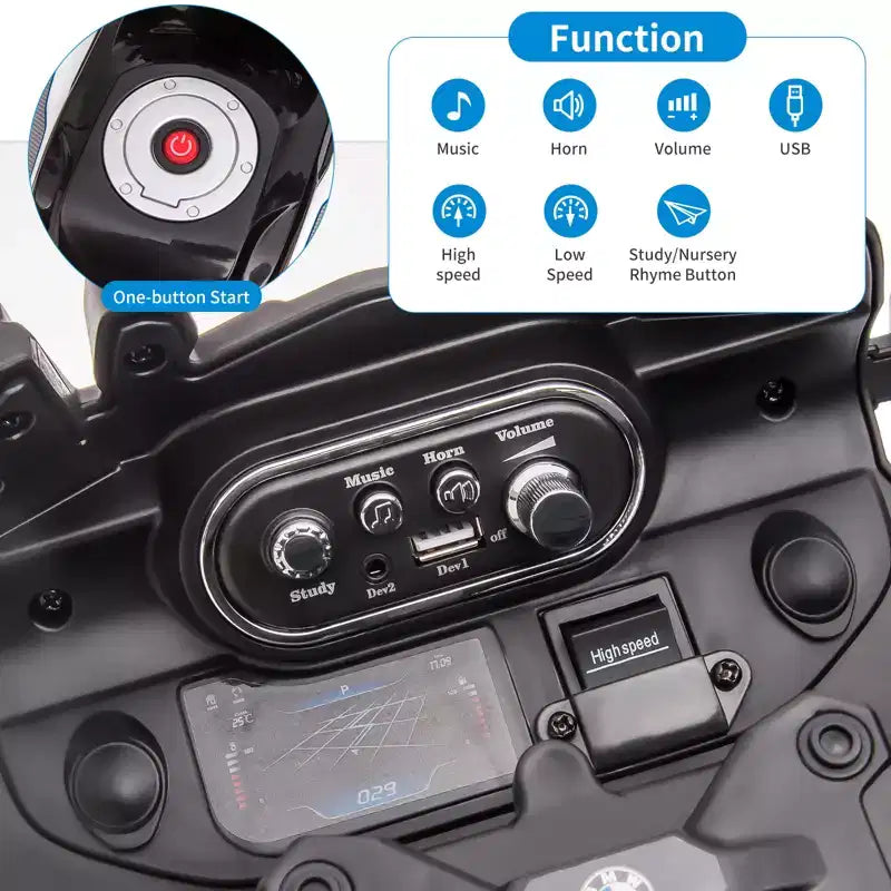 Moto électrique 12V pour enfants avec roulettes d'apprentissage - vélo à enfourcher à batterie avec musique et design réaliste pour enfants de 3 à 8 ans, à enfourcher tout-terrain