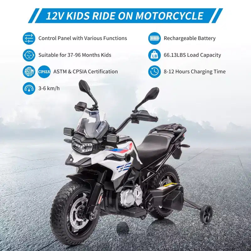 Moto électrique 12V pour enfants avec roulettes d'apprentissage - vélo à enfourcher à batterie avec musique et design réaliste pour enfants de 3 à 8 ans, à enfourcher tout-terrain