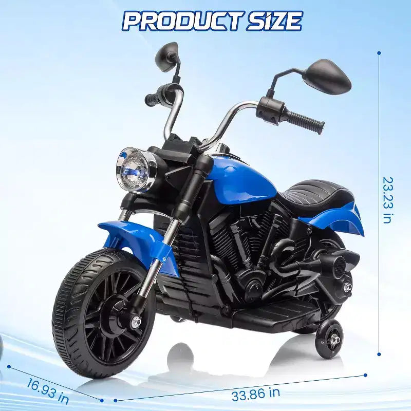 Moto électrique 12V pour enfants avec roulettes stabilisatrices, jouet à enfourcher à 3 roues, marche arrière, phare LED, klaxon et musique, capacité de 30 kg