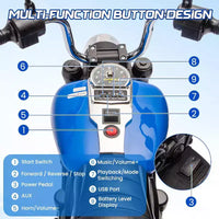 Moto électrique 12V pour enfants avec roulettes stabilisatrices, jouet à enfourcher à 3 roues, marche arrière, phare LED, klaxon et musique, capacité de 30 kg