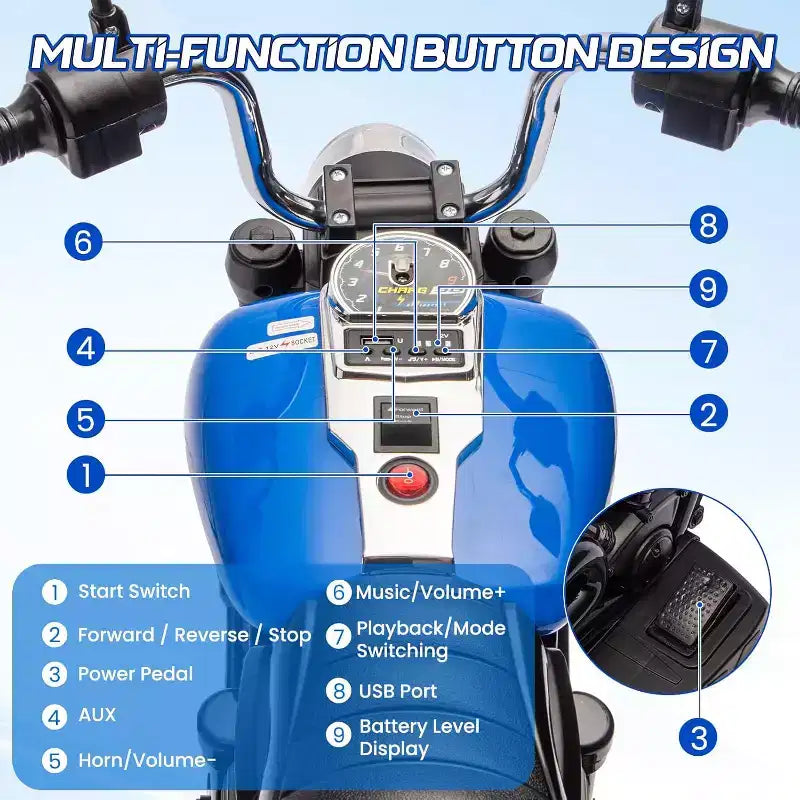 Moto électrique 12V pour enfants avec roulettes stabilisatrices, jouet à enfourcher à 3 roues, marche arrière, phare LED, klaxon et musique, capacité de 30 kg