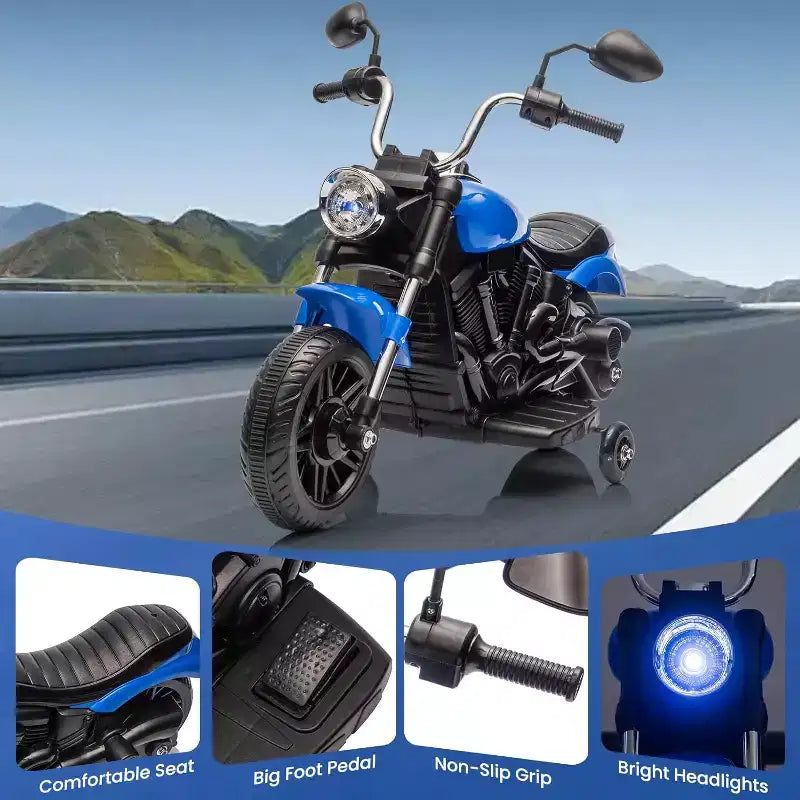 Moto électrique 12V pour enfants avec roulettes stabilisatrices, jouet à enfourcher à 3 roues, marche arrière, phare LED, klaxon et musique, capacité de 30 kg