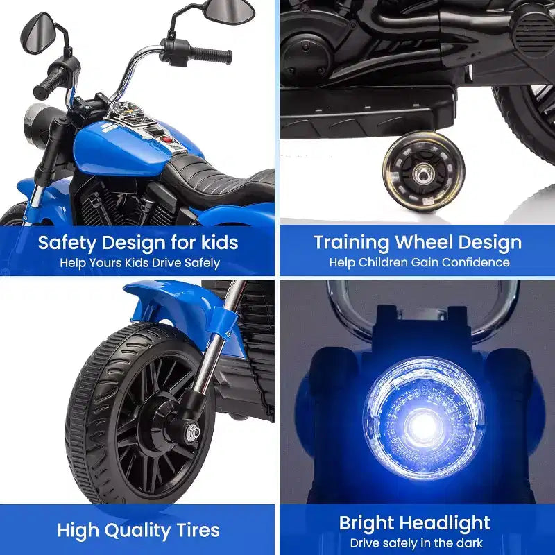 Moto électrique 12V pour enfants avec roulettes stabilisatrices, jouet à enfourcher à 3 roues, marche arrière, phare LED, klaxon et musique, capacité de 30 kg
