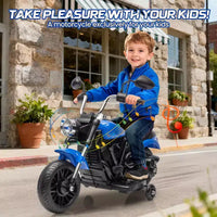 Moto électrique 12V pour enfants avec roulettes stabilisatrices, jouet à enfourcher à 3 roues, marche arrière, phare LED, klaxon et musique, capacité de 30 kg