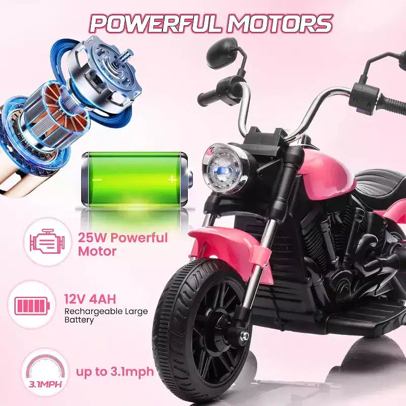 Moto électrique 12V pour enfants avec roulettes stabilisatrices, jouet à enfourcher à 3 roues, marche arrière, phare LED, klaxon et musique, capacité de 30 kg
