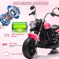 Moto électrique 12V pour enfants avec roulettes stabilisatrices, jouet à enfourcher à 3 roues, marche arrière, phare LED, klaxon et musique, capacité de 30 kg