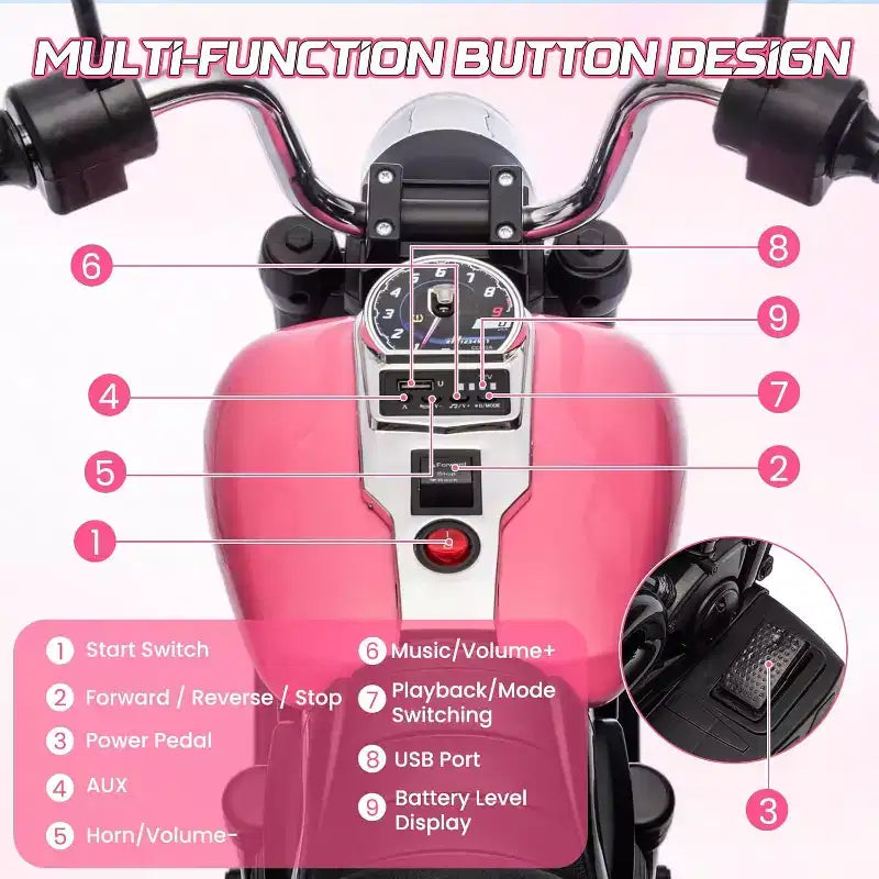 Moto électrique 12V pour enfants avec roulettes stabilisatrices, jouet à enfourcher à 3 roues, marche arrière, phare LED, klaxon et musique, capacité de 30 kg