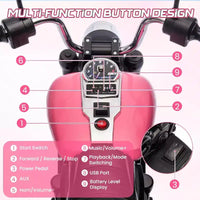 Moto électrique 12V pour enfants avec roulettes stabilisatrices, jouet à enfourcher à 3 roues, marche arrière, phare LED, klaxon et musique, capacité de 30 kg