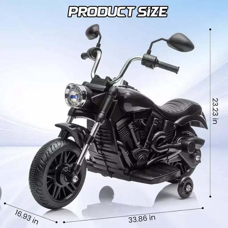 Moto électrique 12V pour enfants avec roulettes stabilisatrices, jouet à enfourcher à 3 roues, marche arrière, phare LED, klaxon et musique, capacité de 30 kg