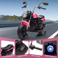 Moto électrique 12V pour enfants avec roulettes stabilisatrices, jouet à enfourcher à 3 roues, marche arrière, phare LED, klaxon et musique, capacité de 30 kg