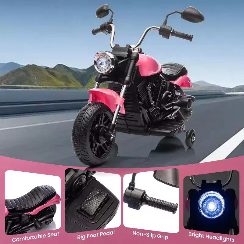 Moto électrique 12V pour enfants avec roulettes stabilisatrices, jouet à enfourcher à 3 roues, marche arrière, phare LED, klaxon et musique, capacité de 30 kg